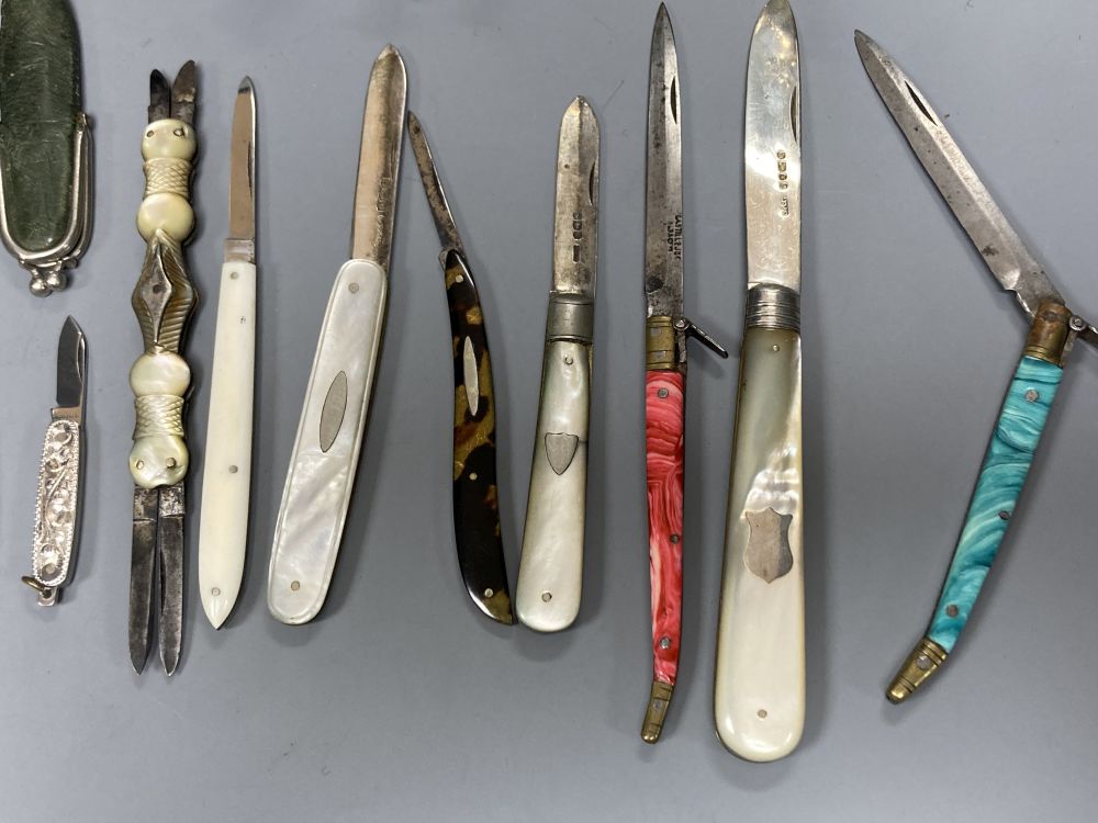 Six assorted 19th century and later pen knives, three mother of pearl handled fruit knives including Victorian, etc.